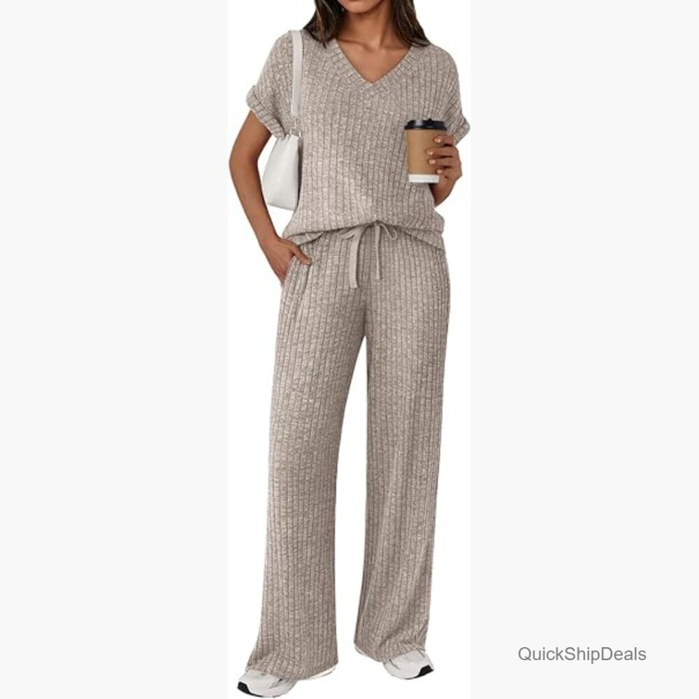 Soft Ribbed Polyester Rayon Spandex Lounge Set with V-Neck Top and Pockets